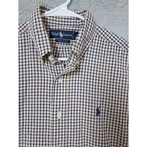 Vintage Polo Ralph Lauren Shirt Mens Medium Seersucker Short Sleeve Tan Blue M
